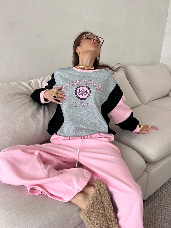 美式辣妹冬季亮色系穿搭套装撞色印花设计感圆领卫衣宽松直筒长裤|undefined