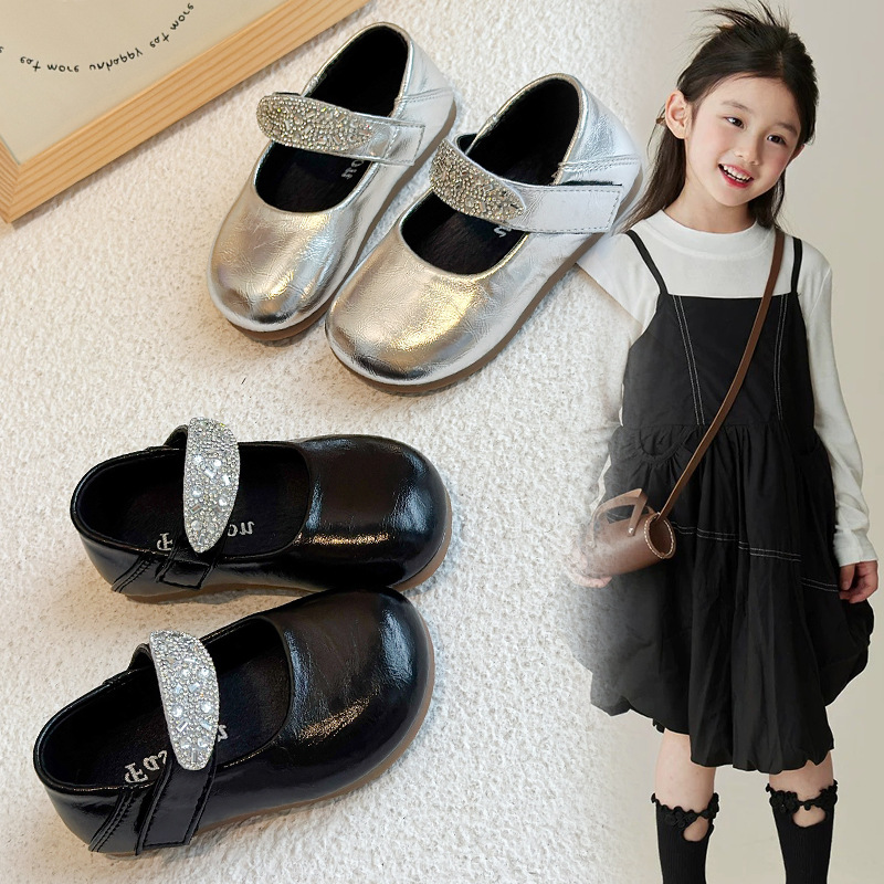 2025 New Autum Kidsren's Shoes Girls' Rhinestone Princess Leather Shoes K-Style Simple Versatile Square Mouth Dance Shoes
