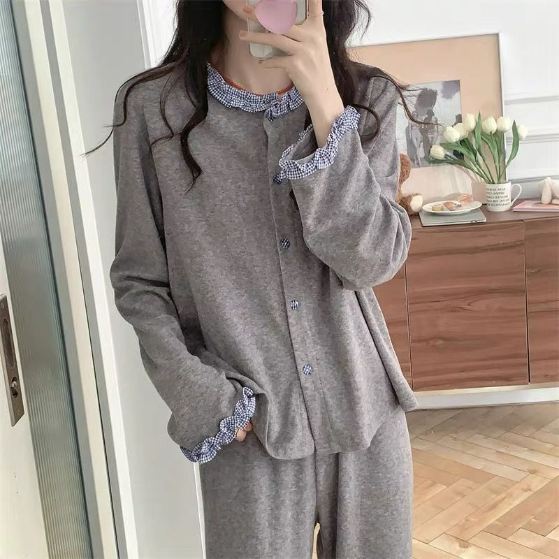 睡衣女春秋季韩系可爱格子花边长袖长裤简约风套装夏天新款家居服