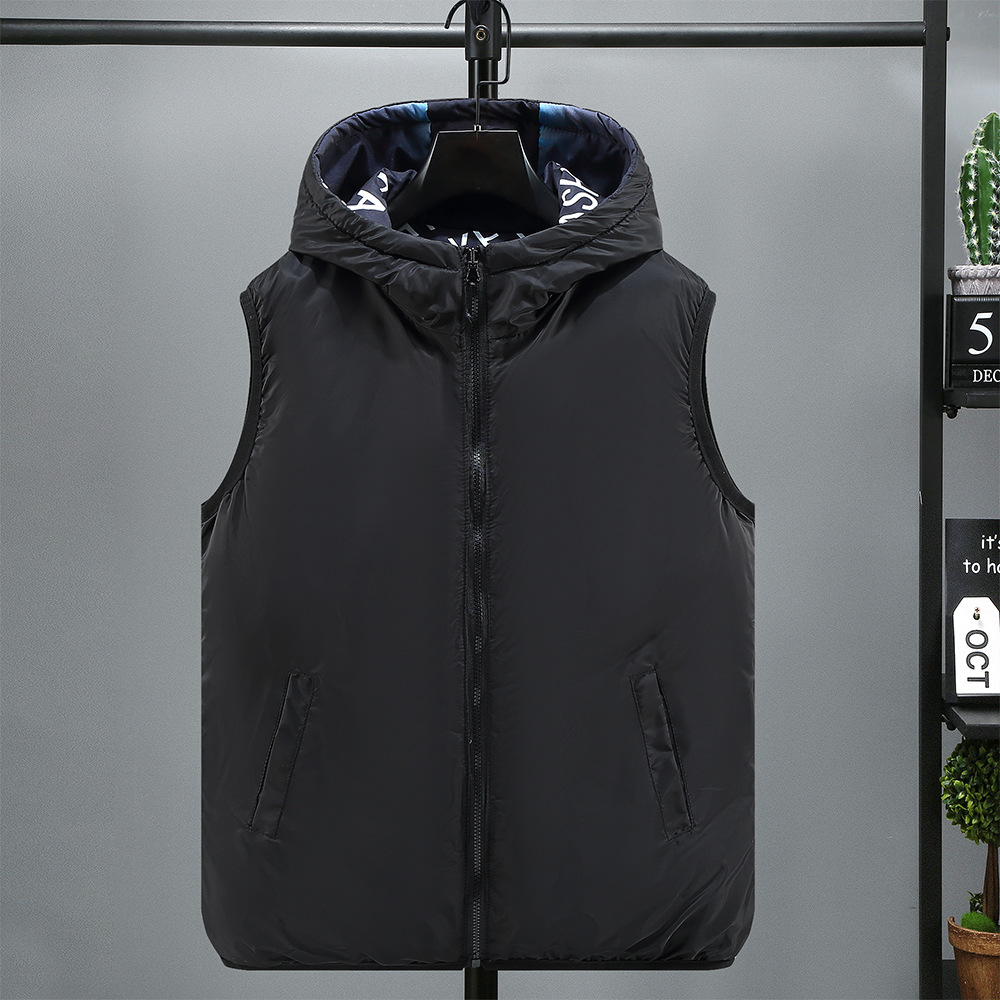 Men's Clothing Silk cotton cotton vest men's autumn and winter new men's reversible vest coat loose hooded vest outer wear for students_voghion.com