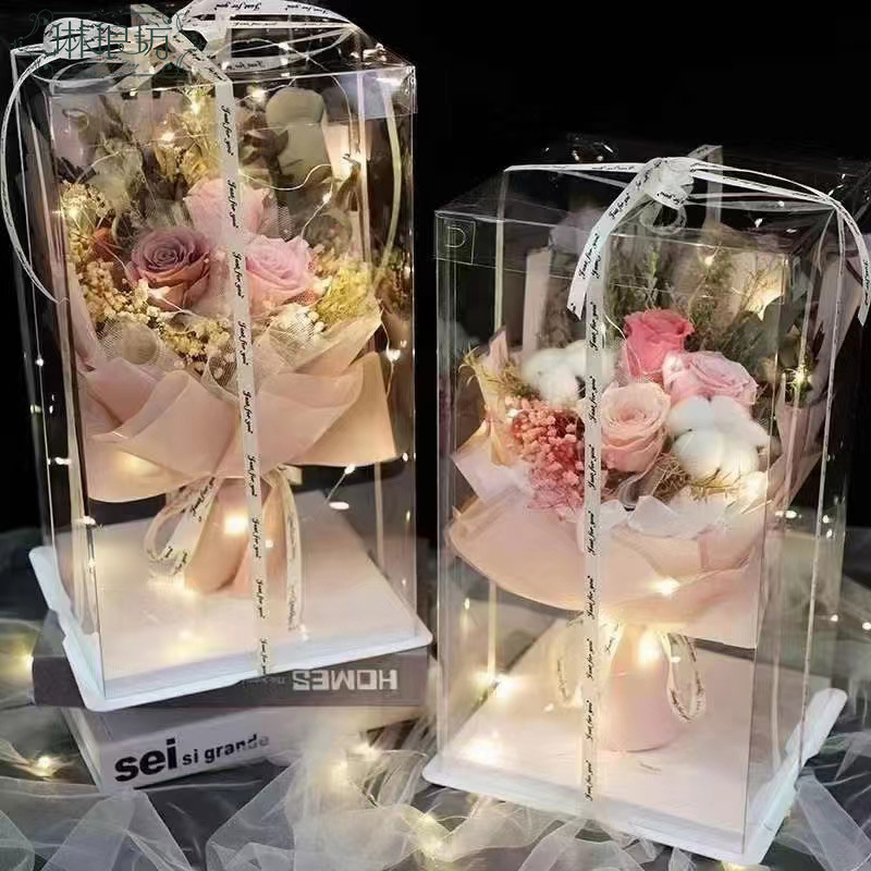 Caja de pastel de flores de 8 pulgadas ramo de pastel de frutas caja de regalo Perspectiva de PVC cubo grande abrazo diseño de cesta de flores portátil