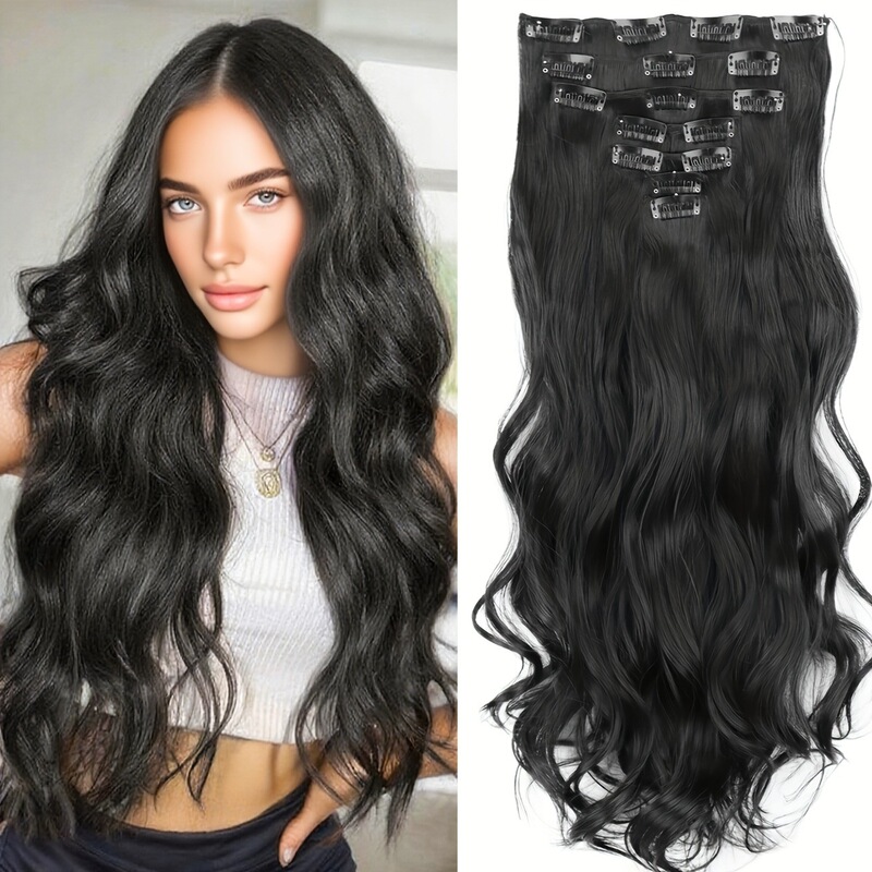 Wig 16-Inch Long Curly Synthetic Hair for Women, European and American Style, Clip-In Hair Set of 7 Pieces, Hair Extensions, Hairpieces