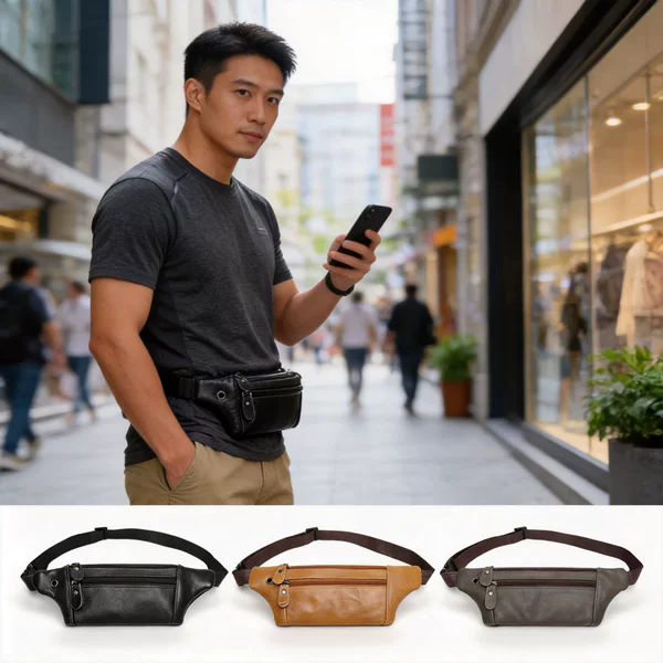 Cross-Border Cowhide Men's Waist Bag, Sports Running Outdoor Bag, Anti-Theft Invisible Close-Fitting Mobile Phone Bag, Wallet, Cross-Body Leather Bag
