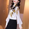 Lantern long sleeve mulberry silk shirt fashion contrast printing loose Pullover Top