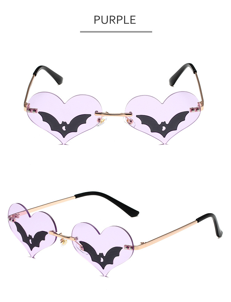 36g Weight Frameless Glasses Structure Sunglasses Classification PC, UV400 Protection Lens Material Special-Shaped Mirror Glasses Style Daily, Street Occasion Halloween Festival Heart Shape, Bat Pattern Unisex Gender Streetwear Style Black Color Streetwear Heart Shape Bat PC UV400 Protection Special-Shaped Mirror Frameless Women's Sunglasses 9