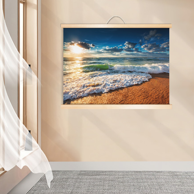 Sea Sunrise Sunset Beach Photography Landscape Horizon Sun Living Room Entrance Decorative Painting Solid Wood Scroll Hanging Painting
