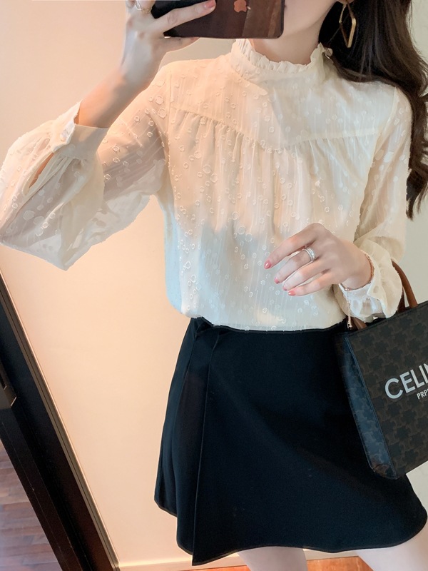 实拍2025年春装新款雪纺衫女装半高领打底衫长袖上衣百搭洋气小衫