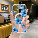 北美站榜单蓝色花朵适用iPhone17pro透明苹果16Magsafe磁吸手机壳