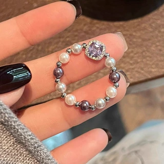 紫色锆石珍珠戒指女小众设计感串珠弹力绳不掉色轻奢指环手饰批发