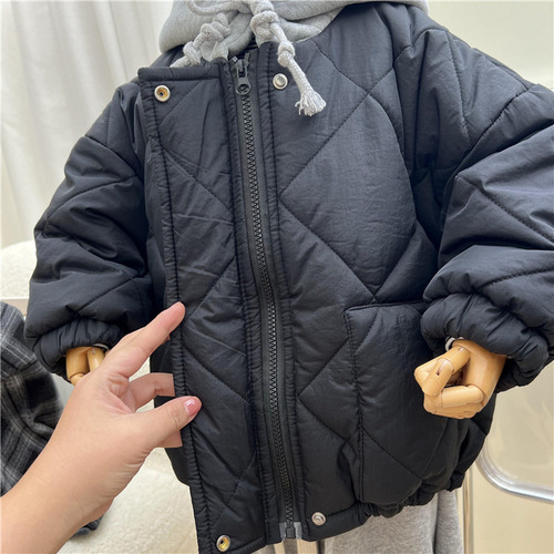 Children's Winter Set-in-One Hooded Cotton Coat for Boys and Girls, Korean Style, Outdoor Thick Gingham Long-Sleeve Cotton Jacket