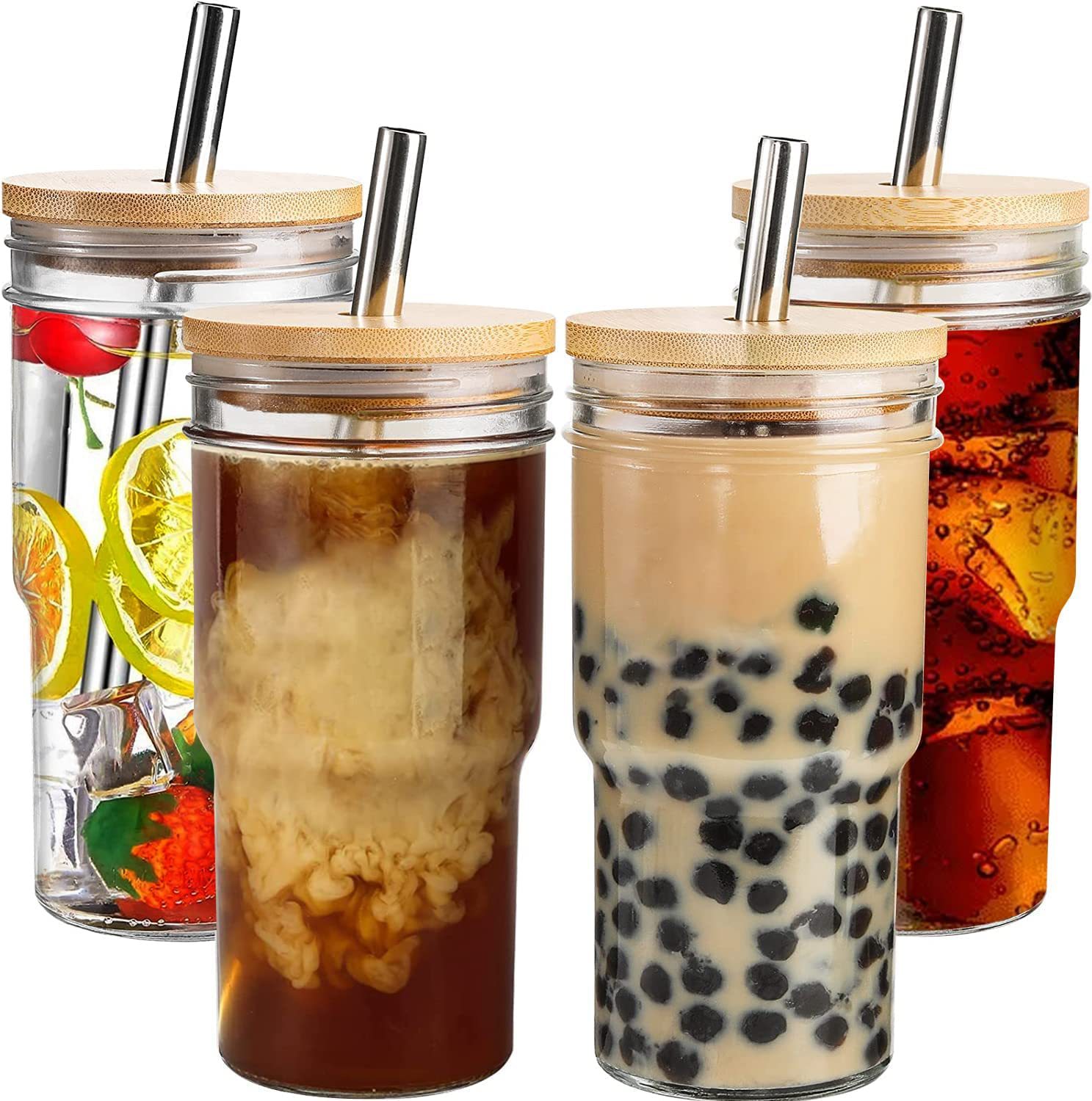 Vaso de 24oz para batidos y bebidas frías, tipo mason jar, con pajita, tapa de bambú para coche, tapa de madera, cubierta de silicona, juego completo