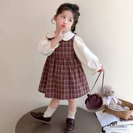 女童格子连衣裙春秋2026洋气女宝宝娃娃领衬衫马甲背心裙两件学院
