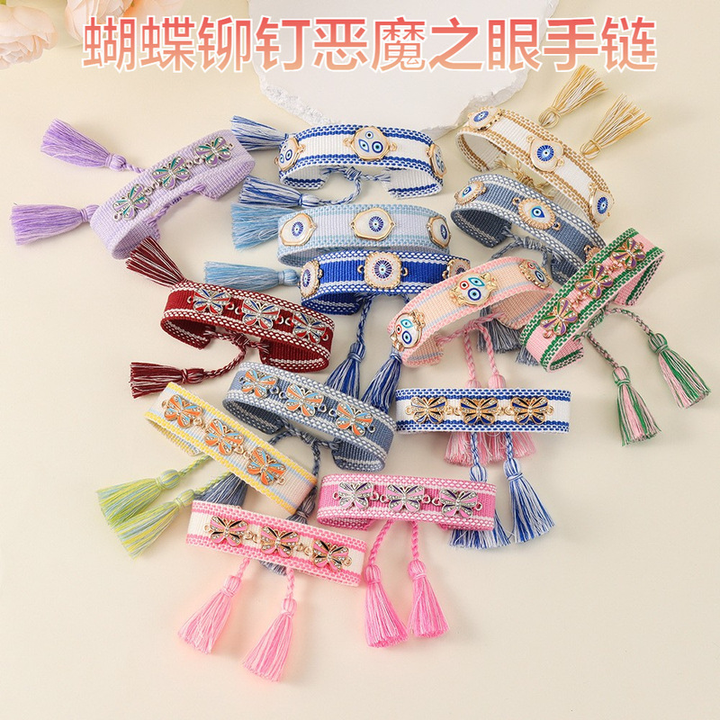 Lucky Devil's Eye Handmade Tassel Hand Rope Creative Butterfly Rivet Braided Bracelet Women European and American Personalized Wholesale
