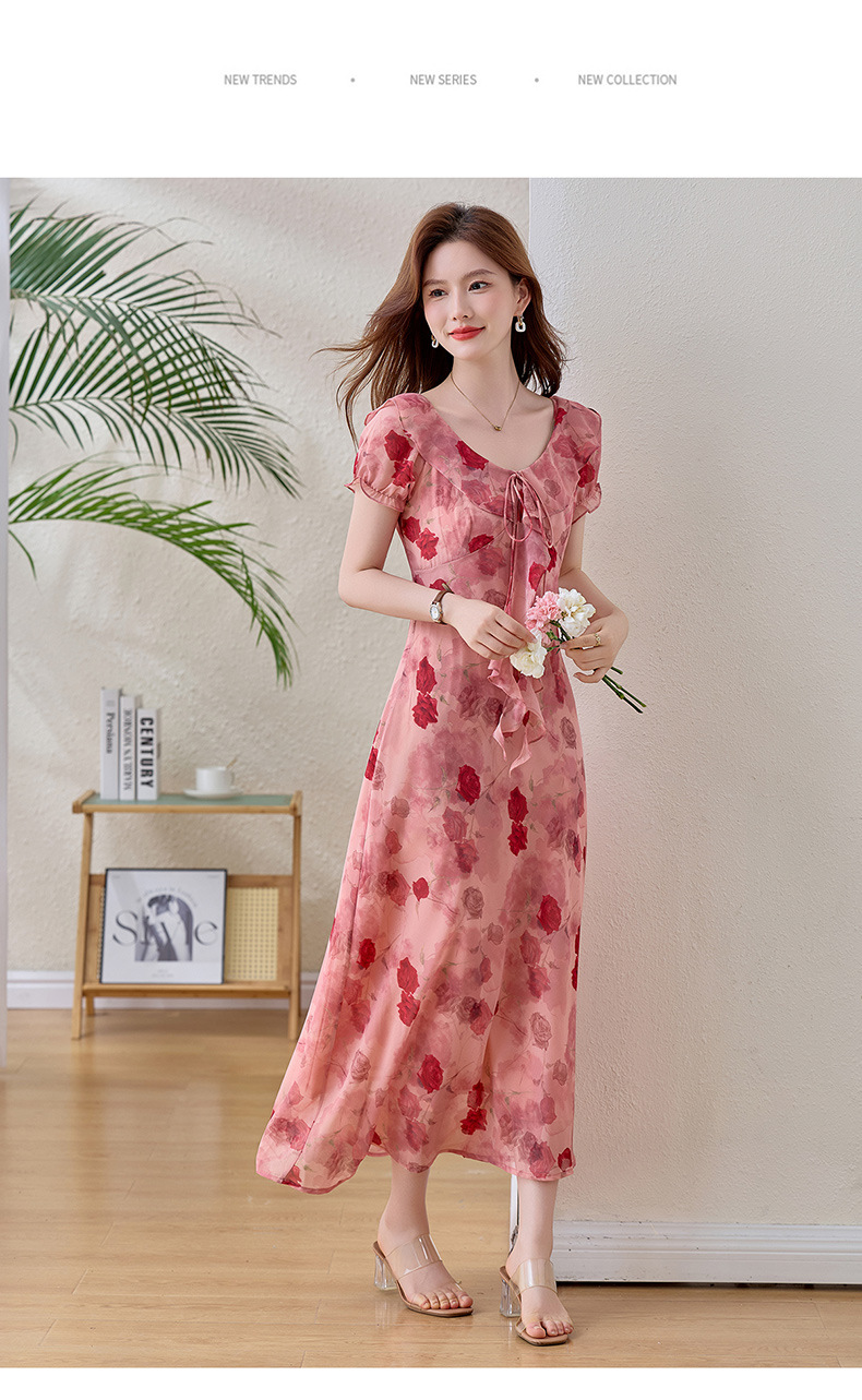 Đầm maxi nữ hoa hồng cổ V tay ngắn thắt eo — Hồng lãng mạn chi tiết 18