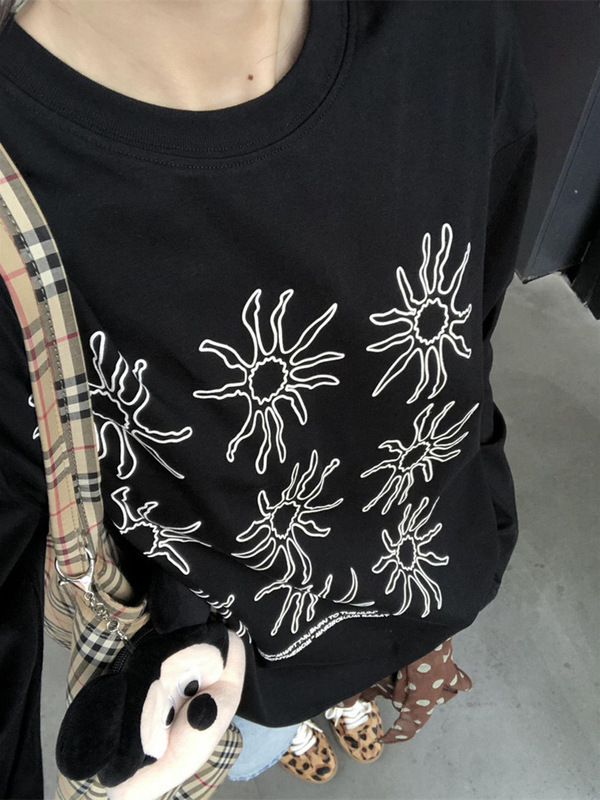 韩系太阳花印花黑色长袖T恤女春季慵懒风宽松圆领百搭打底衫上衣|undefined