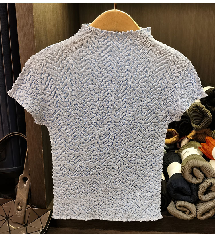Áo thun nữ cổ tròn tay ngắn họa tiết dứa jacquard xếp ly mùa hè — Màu xanh lam nhạt, Màu xanh lục nhạt, Màu đen, Màu trắng be chi tiết 17
