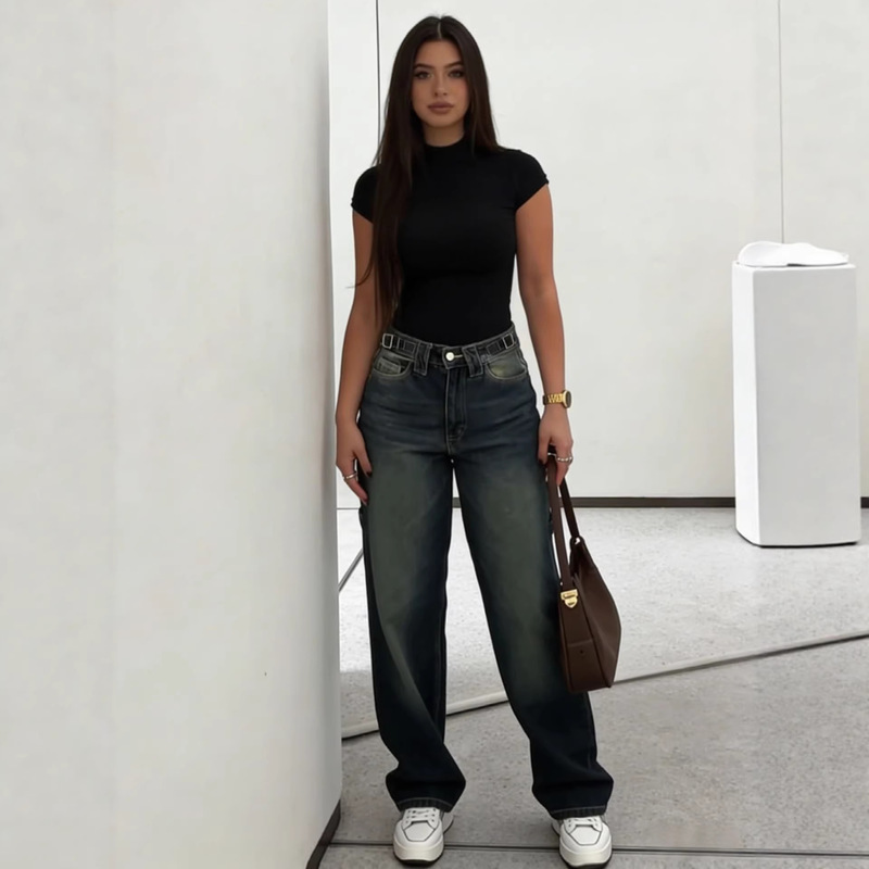 Cross-Border European and American Amazon New Women's Jeans with Adjustable Waist Buckle, Fashionable Casual Straight-Leg Denim Pants Cross-Border European and American Amazon New Women's Jeans with Adjustable Waist Buckle, Fashionable Casual Straight-Leg Denim Pants