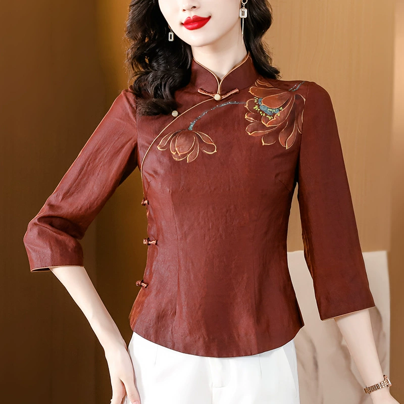 Китайский стиль классическая красная облачная пряжа ручная роспись лотоса короткий чонсам женский китайский костюм топ