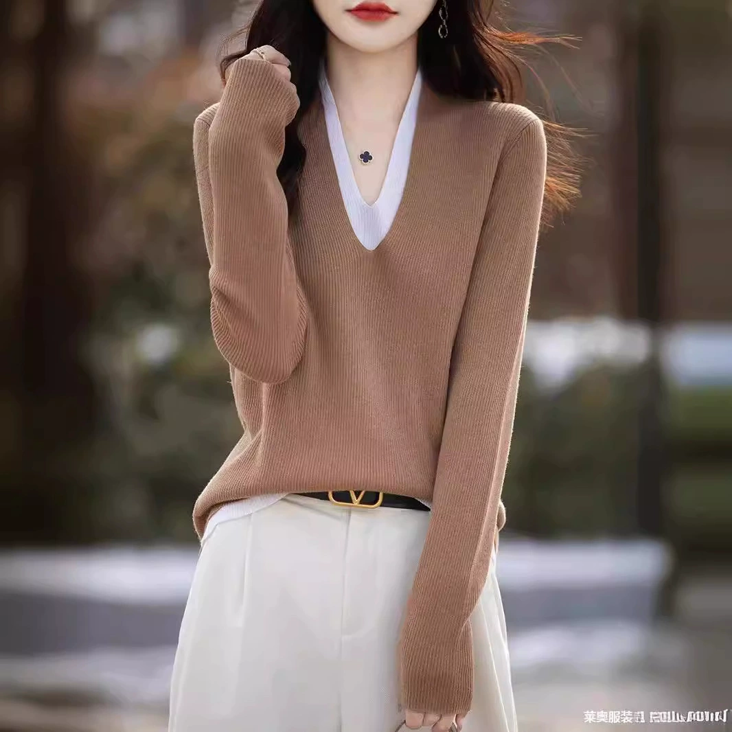 Дизайн изысканный имитация шерсти женский V-образный наконечник два комплекта весной и осенью новый набор цвета трикотажный свитер с длинными рукавами