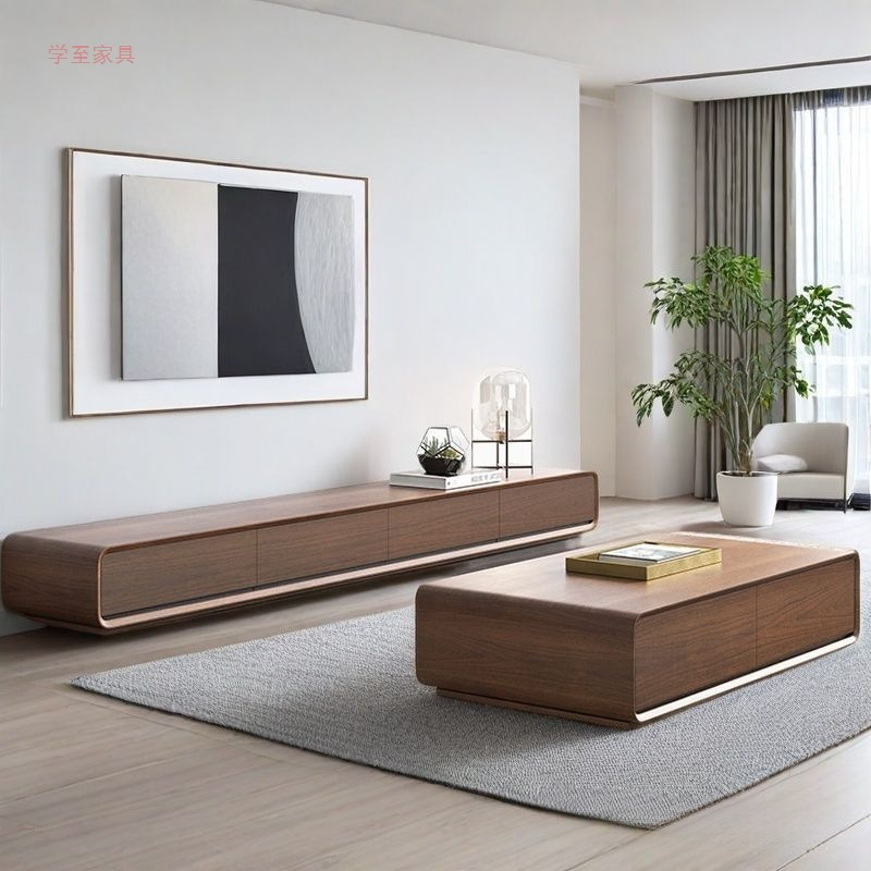 北欧风橡胶木实木落地电视柜茶几柜现代简约客厅电柜组合无需安装