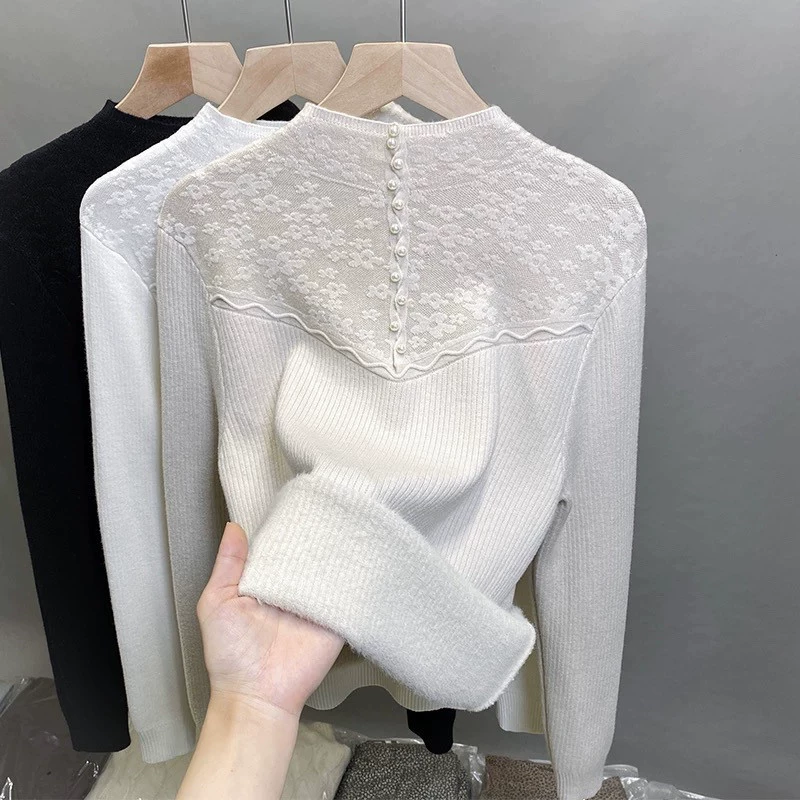 Встроенный бархатный полуводолазный свитер женский бархатный толстый нижний свитер 2024 осень и зима новый трикотаж