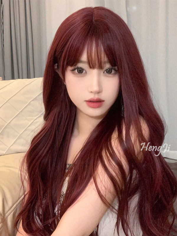 Cross-border Wig Women's Long Hair Big Wave Long Curly Hair Lolita Wine Red Full Head Cover Realistic Fashion Internet Celebrity Wig