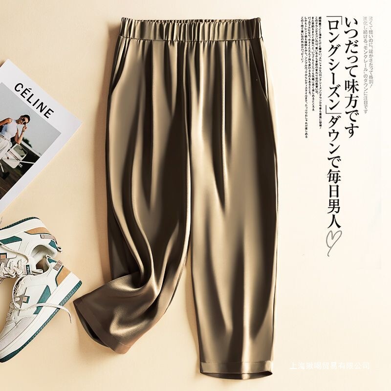 Men's summer thin ice silk triacetate cropped pants, loose-fitting, drapey satin casual pants, large size mid-length pants