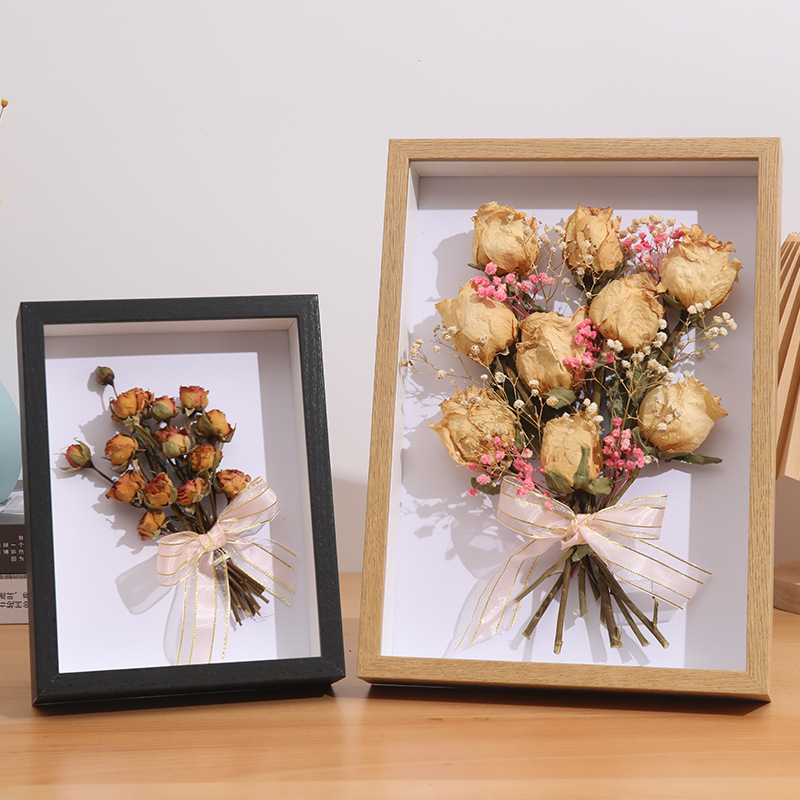 Dried Flower Photo Frame Fresh Flowers Rose Butterfly Specimen Empty Frame DIY Decorative Picture Frame A4 Wall Hanging 6inch Hollow Wooden Photo Frame