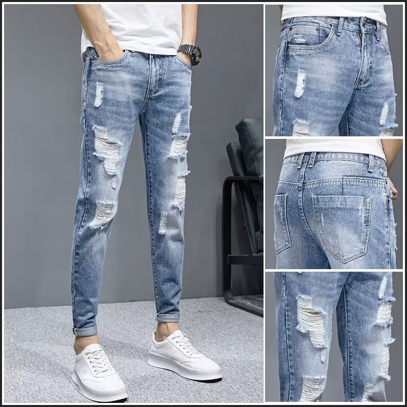 2025 Autumn New High-End Ripped Cropped Jeans Men's Slim Fit Casual Distressed Trendy Pants
