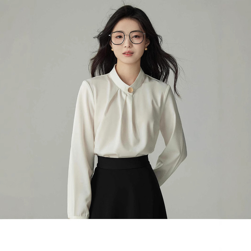 Hong Kong Style Palace-Inspired Metal Buckle White Shirt for Women, 2024 Autumn Design, Niche, Sophisticated, High-End Satin Top, Hong Kong Style