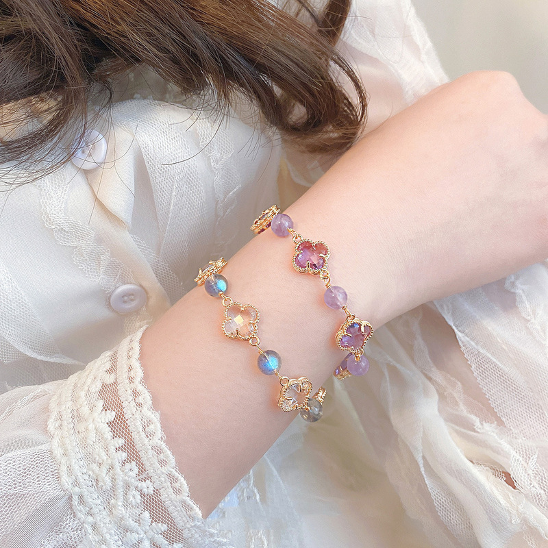 Natural amethyst Moonstone bracelet women's bracelet imitation Clover women's simple light luxury design gift for girlfriends
