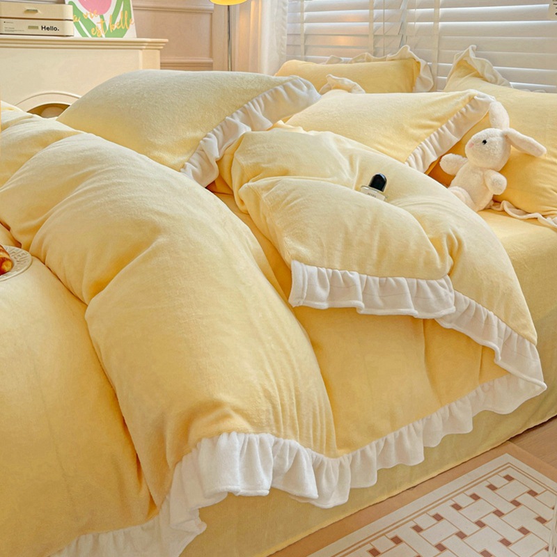 Cama de terciopelo de leche gruesa de cuatro piezas de otoño e invierno sábanas de terciopelo de coral de doble cara funda de edredón cubierta de cama ropa de cama