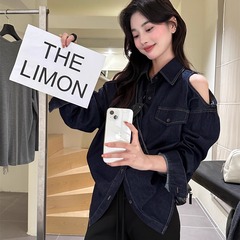 THE LIMON柠檬绿茶露肩牛仔衬衫外套2025秋季设计感宽松港风上衣