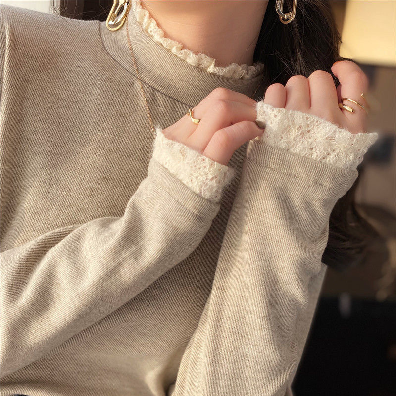 Soft Waxy Fleece-lined Thickened Lace Fleece Base Shirt Women's Autumn New Half-high Collar Fake Two-piece Inner Top for Women