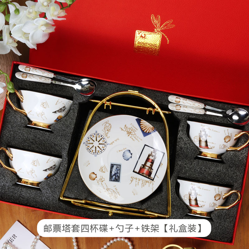 Tazas de café europeas y platos, set de té de la tarde, cerámica exquisita de alta calidad con cucharas de flores, set de tazas de té, caja de regalo