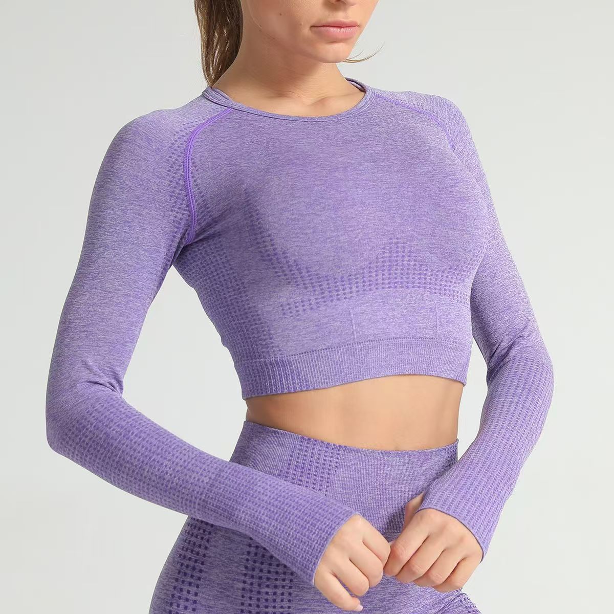 Nuevo cross-border elástico ropa deportiva de gimnasio de manga larga sin costuras agujeros apretados ropa de yoga de secado rápido de manga larga mujer