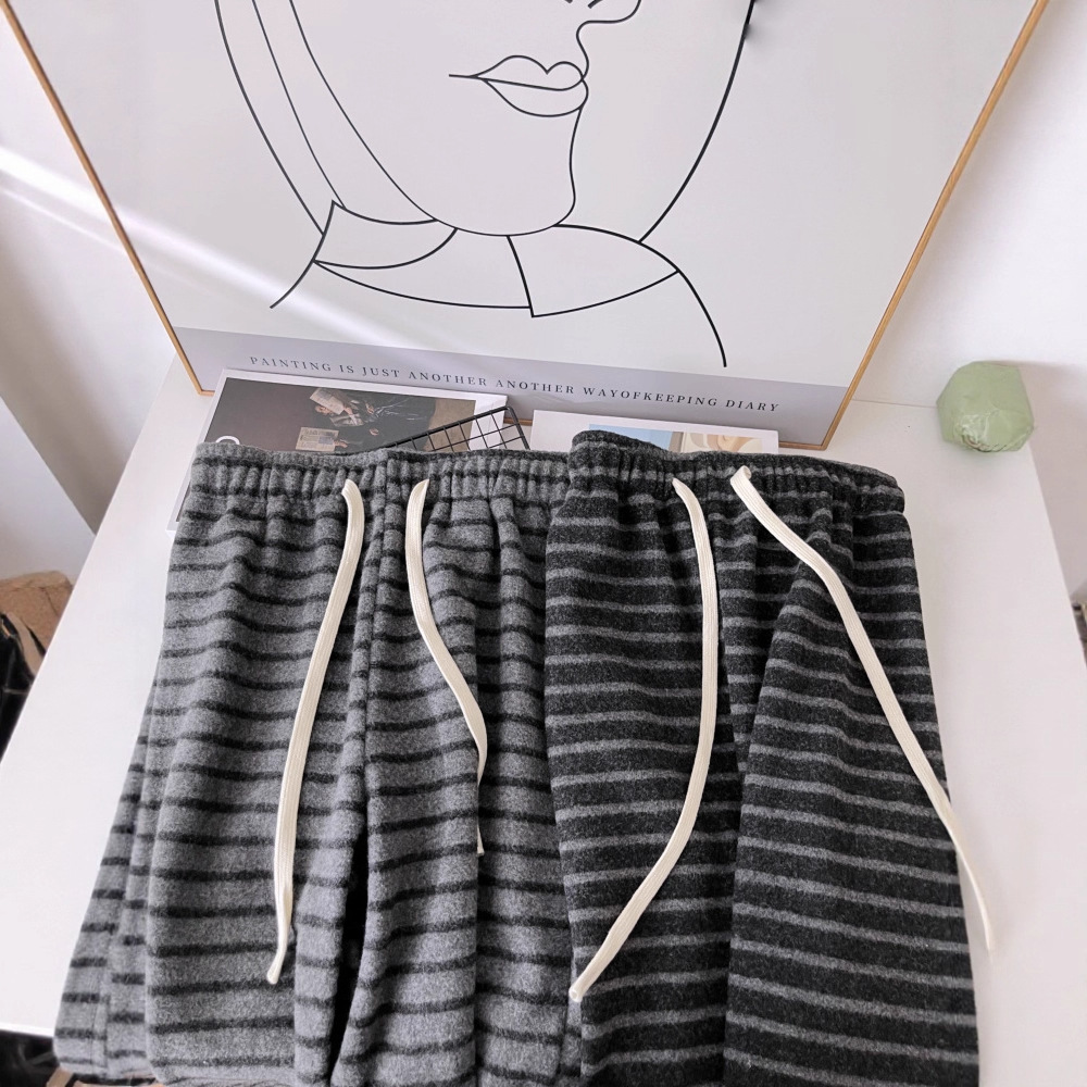 日韩系加绒糯米毛巾条纹阔腿裤女秋冬松弛感拖地直筒休闲卫裤6570