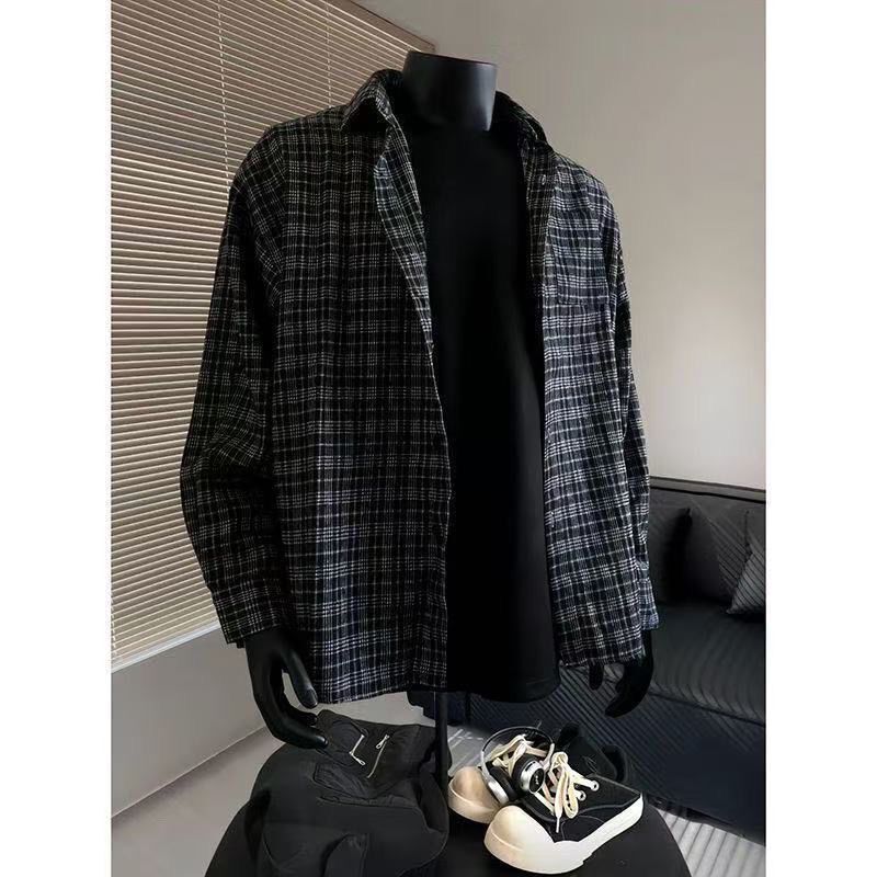 2026 Men's Retro Jacket Thin Long-Sleeve American-Style Plaid Loose Summer Casual Trendy Versatile Plaid Shirt