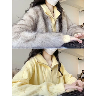 加厚软糯双拉链宽松毛衣外套女秋冬季麻花翻领针织上衣松弛感开衫
