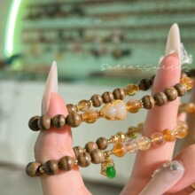 招财单圈天然黄水晶绿奇楠沉香木手饰纳福礼物情侣款水晶手串招财