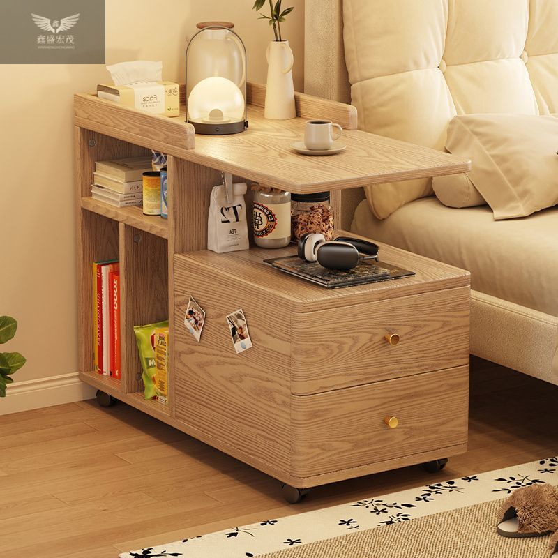 Mesa de té de lujo ligera con ruedas, estante de almacenamiento al lado de la cama, carro de madera sólida, tabla lateral móvil, sofá, gabinete lateral