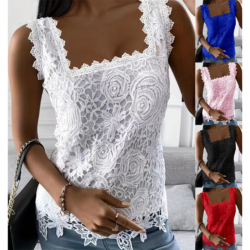 Independent station Amazon 2024 summer new hot square collar lace sleeveless vest T-shirt top