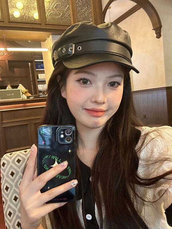 pu皮黑色八角帽复古秋冬鸭舌帽子女韩版休闲百搭日系报童帽潮软顶|undefined