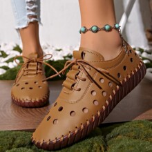 软皮镂空女鞋夏2025新款洞洞鞋牛筋底凉鞋平底休闲单鞋软底妈妈鞋