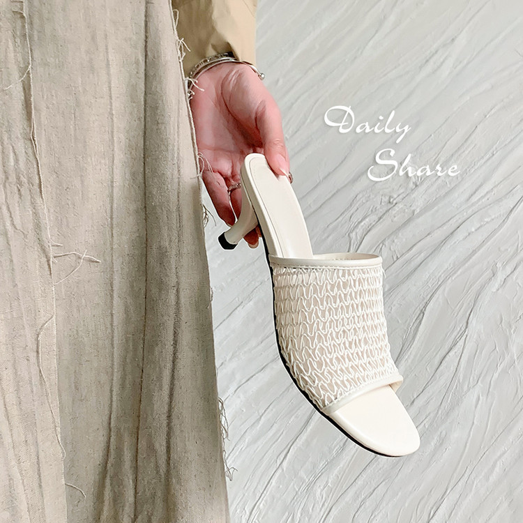 Dép sandal cao gót nữ kiểu Pháp mũi tròn hở ngón, lưới dệt thoáng khí — màu be, đen chi tiết 16