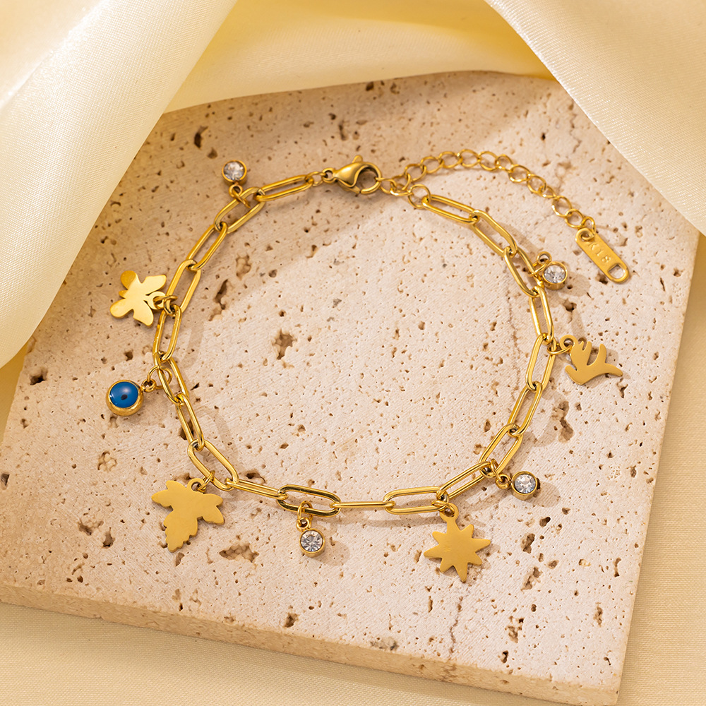 25g Weight 0.03µm-0.05µm Gold Plating Thickness PVD Coated Gold Plating Process 18K Real Gold Plated Plating Material 304 Stainless Steel Pendant Material Zircon Inlay Material Bracelets Classification 304 Stainless Steel Chain Material Cuban Link Chain Curb Chain, box chain, Twisted Rope Chain, snake chain, figaro chain Chain Type 1 Piece Quantity Daily Occasion 304 Stainless Steel Material Eye, Flower, Butterfly Pattern Women's Gender Casual, Simple Style Style Enamel, Inlay Craft Casual Simple Style Eye Flower Butterfly Titanium Steel Zircon Bracelets In Bulk 34