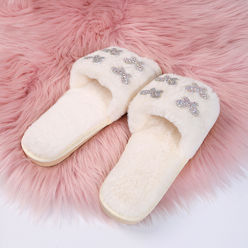 Plush Butterfly Cotton Rhinestone Slippers NSKJX104251