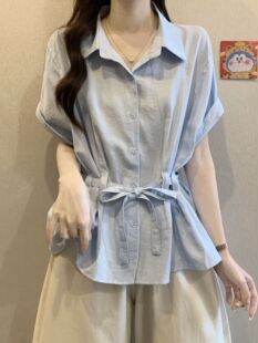Slightly Fat mm Beautiful Blue Short-Sleeved Shirt Women's 2025 Summer New Style Waist-Covering Belly-Covering Top