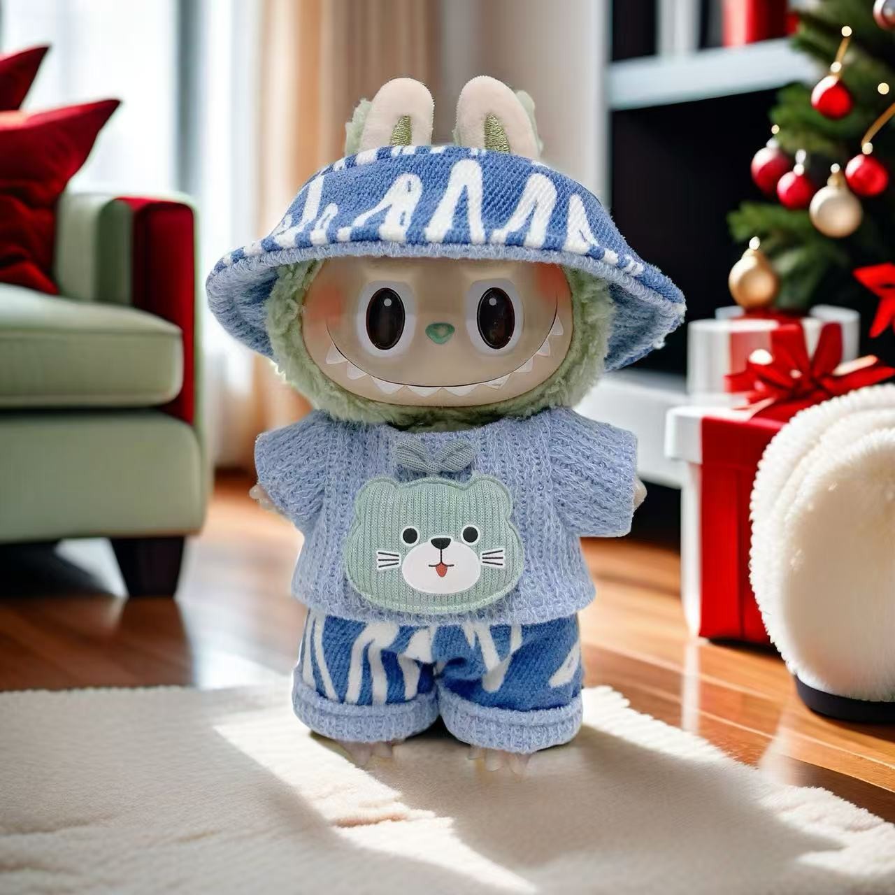 Nuevo conjunto de ropa y gorro de peluche con cara de "Sugar Glue" para muñecas, colgante de peluche, juguete Labuba, amuleto para bolso.