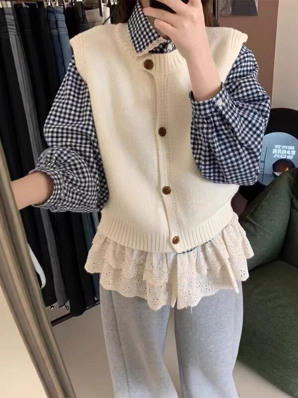 韩系叠穿毛针织马甲开衫女2025春季新款简约百搭无袖外穿背心上衣|undefined